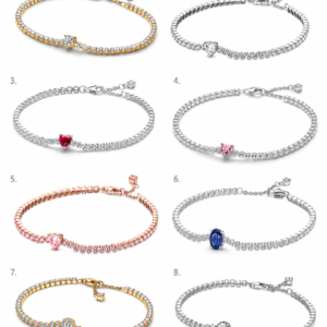 Brazalete tenis Pandora con dije colgante en color plateado, dorado y oro rosa