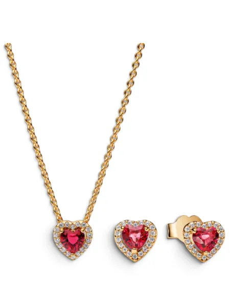 Conjunto Pandora Corazón Elevado Dorado con Rojo
