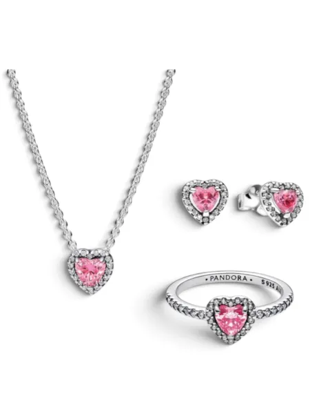 Conjunto Pandora Corazón Elevado Reluciente Plateado con Rosa