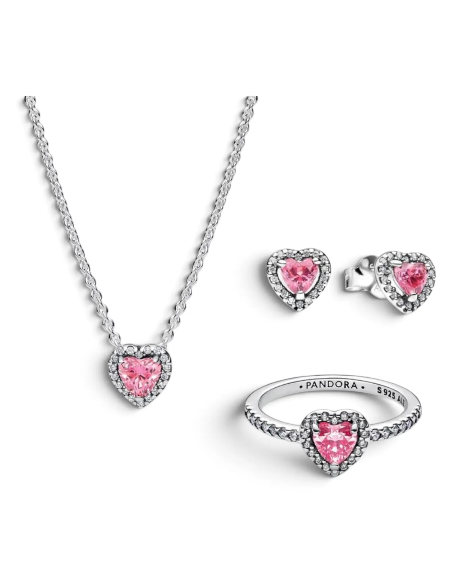Conjunto Pandora Corazón Elevado Reluciente Plateado con Rosa